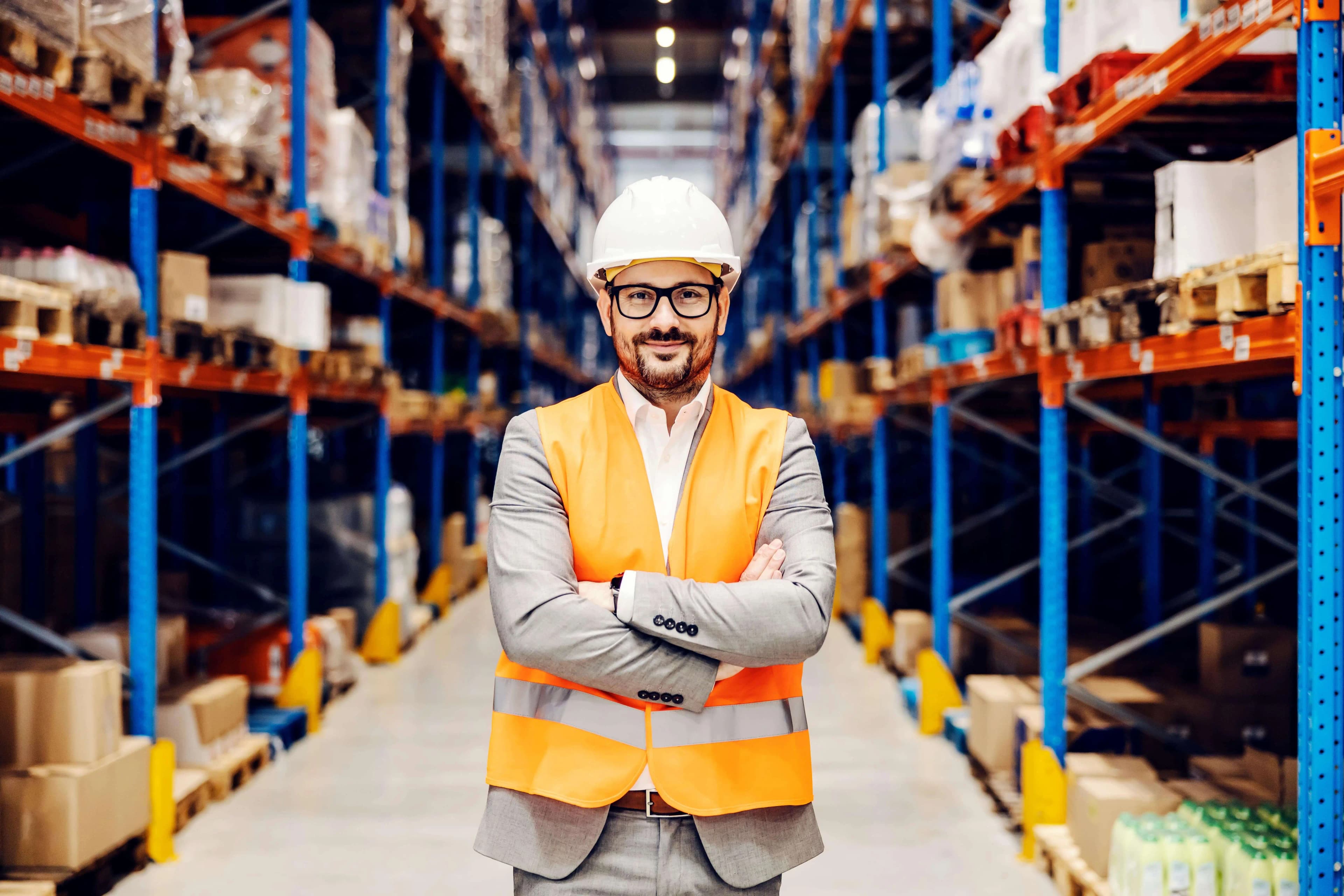 Kierownik magazynu w kasku i odblaskowej koszuli, uśmiechnięty na tle magazynu